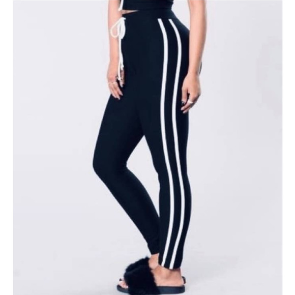 Fashion Nova Black Double White Striped Casual Active High Waisted Leggings - Picture 10 of 15
